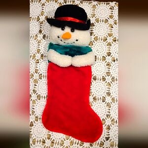 Plush Snowman Stocking 3D Frosty Hook And Loop Closure Texture  Vtg